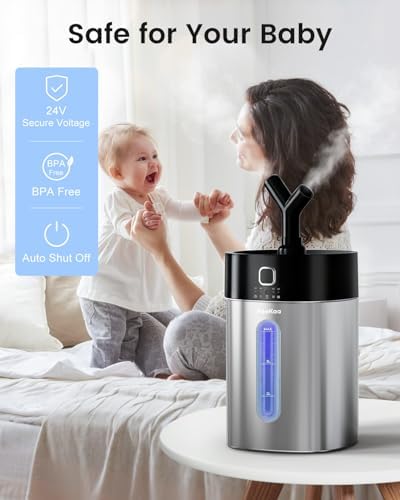 Feekaa Stainless Steel Humidifier, Easy Clean Dishwasher Safe, 4L/1Gal Cool Mist Humidifiers for Bedroom, Humidifiers for Baby, Humidifier Large Room for Nursery, Plant, Office, Living Room, Black