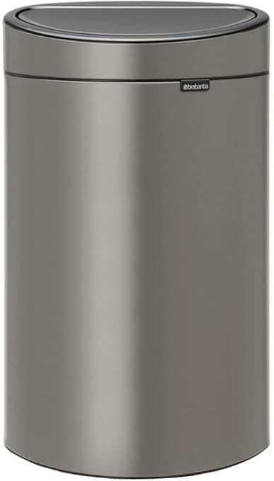 Brabantia Press-Top Kitchen Trash Can with Flat Back | Platinum | 10.6 Gallon / 40L | Home Trash Can with Soft-Touch Stay-Open Lid & Removable Inner Bucket | Fits Flat Against Walls | + Trash Bags