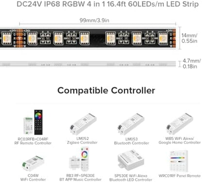 BTF-LIGHTING RGBW LED Strip IP68 Waterproof Cool White DC24V 16.4FT 300LED