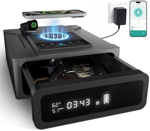 XDeer Smart Biometric Gun Safe for Handgun, 4 Ways Quick Access Fingerprint Gun Safes,Bluetooth App Control, Nightstand Smart Safes Box with Wireless Charging for Phone, Gun Safe Alarm Clock 1pcs