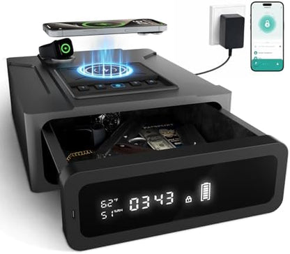 XDeer Smart Biometric Gun Safe for Handgun, 4 Ways Quick Access Fingerprint Gun Safes,Bluetooth App Control, Nightstand Smart Safes Box with Wireless Charging for Phone, Gun Safe Alarm Clock 1pcs
