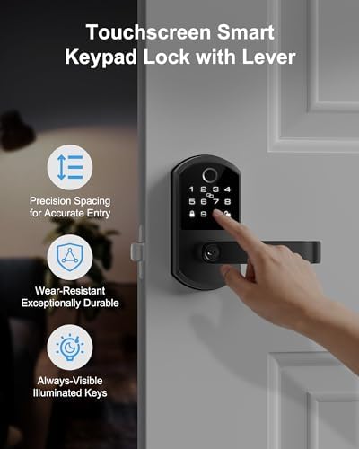Smart Lock with Lever Handle, Keyless Entry Door Lock with Fingerprint, App Control, Passcode, IC Card & Key, Bluetooth Smart Door Lock for Front Door