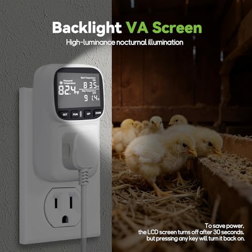 1800W Digital Thermostat for Reptile Tank, -40℉~210℉, Plug in Thermostat for Heater/Greenhouse with 5m/2m Cable, 15A Temperature Controlled Outlet with VA Display, Temp ±0.1°F, White