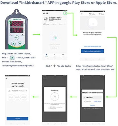 Inkbird WiFi Temperature Controller ITC308 Reptile Freezer Thermostat Digital Heating and Cooling Heater Cooler Greenhouse Plug Outlet 2 Stage 1100W 110V