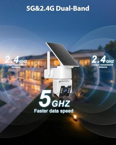 5G & 2.4G Wi-Fi Outdoor Camera Wireless,Solar Security Cameras Wireless Outdoor, 2K 360° PTZ Camera, Solar/Battery Powered, PIR Human Detection, Color Night Vision, Two-Way Talk, Compatible with Alexa