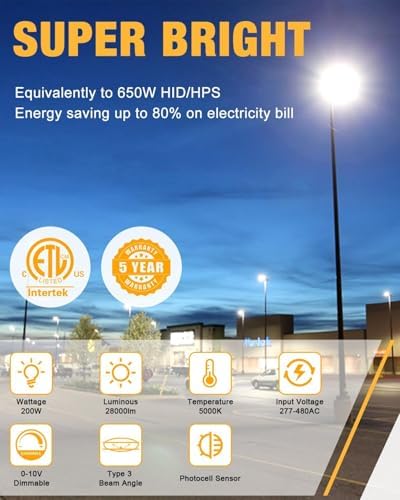480V LED Parking Lot Light, 200W LED Shoebox Light AC 277-480V,UL & ETL, IP65 Waterproof Dusk to Dawn Parking Lot Light with Slip Mount, Outdoor Street Light for Parking Lot Sports Stadium