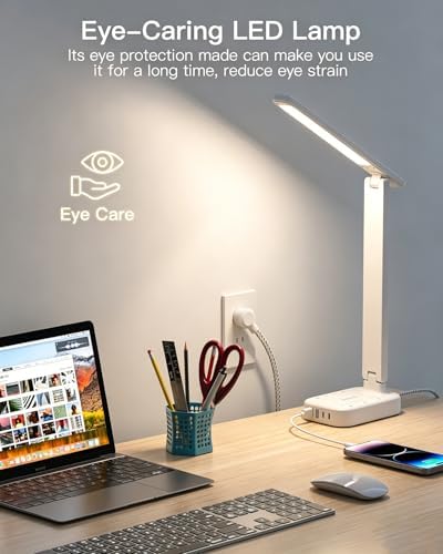 LED Desk Lamp, 10Ft Power Strip with 3 Outlets 4 USB Ports(2 USB C), White