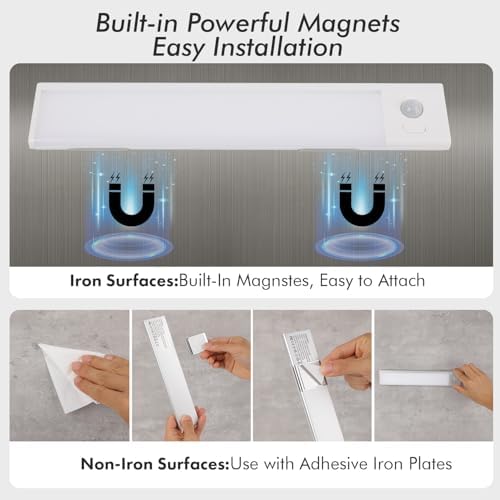 2 Pack Under Cabinet Lighting, 3 Colors & Dimmable Motion Sensor Light Indoor, 900mAh Rechargeable Under Cabinet Lighting Magnetic for Kitchen, Stairs, Closets, White(ABS+PC)