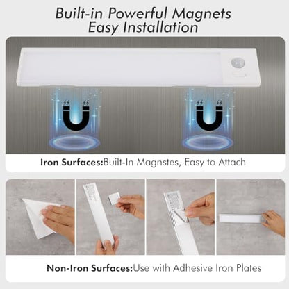 2 Pack Under Cabinet Lighting, 3 Colors & Dimmable Motion Sensor Light Indoor, 900mAh Rechargeable Under Cabinet Lighting Magnetic for Kitchen, Stairs, Closets, White(ABS+PC)