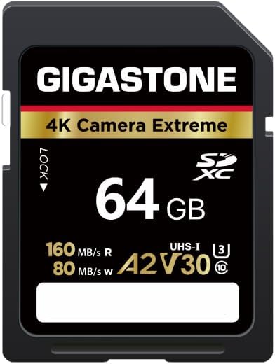 【5-Years Data Recovery】 GIGASTONE 64GB SD Card, 4K Camera Extreme, A2 V30 U3 SDXC Memory Card High Speed UHD Video Compatible with Canon Digital Camera, with 1 Mini case