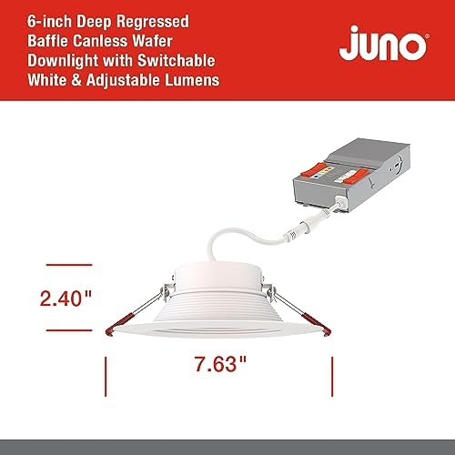 Juno LED Recessed Lights 6 Inch Round Wafer Downlight, 5-in-1 Switchable White Color Temperature, Adjustable Brightness, Deep Regressed Baffled Trim, 6-Inch, Matte White