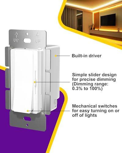 HitLights LED Driver and Dimmer Switch in One 160W, 120V AC to 24V DC, Compatible with Most Solid Color 24V Strip Tape Lights, UL Listed, Single-Pole/3-Way, EZDim Pro, White