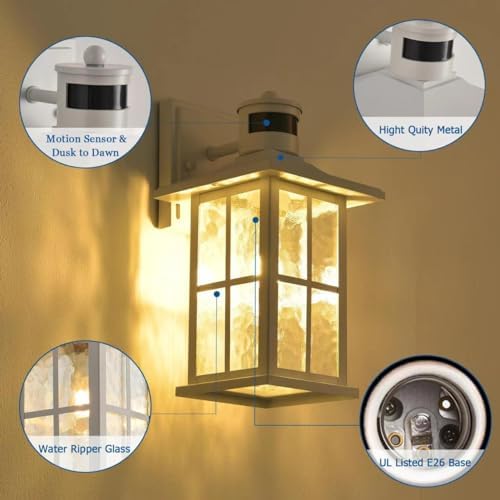 2 Pack Motion Sensor Porch Lights White Dusk to Dawn Outdoor Wall Lantern