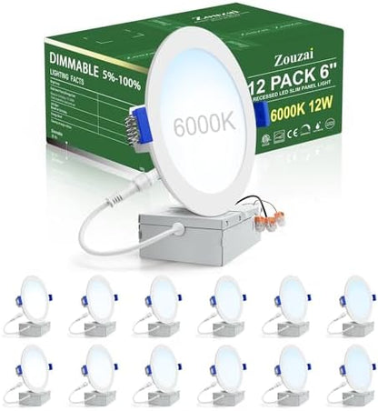 zouzai 12 Pack 6" LED Recessed Ceiling Lights, 12W=110W, 6000K, Dimmable