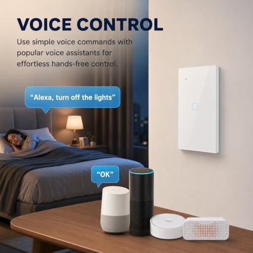Smart Switch for Light 1 Gang, 2.4GHz Wi-Fi Switch Compatible with Alexa and Google Home,Voice Control, Remote Control, Timer & Schedule UL Certified, No Hub Required