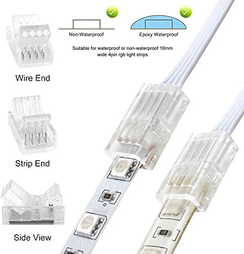 RGBZONE 10Pcs 4 Pin 10mm LED Strip Connectors and 32.8FT 4 Pin RGB Extension Cable Strip to Wire Quick Connection for 10mm Wide Waterproof or Non-Waterproof SMD RGB 5050 LED Strip Light(IP20/IP65)