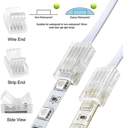 RGBZONE 10Pcs 4 Pin 10mm LED Strip Connectors and 32.8FT 4 Pin RGB Extension Cable Strip to Wire Quick Connection for 10mm Wide Waterproof or Non-Waterproof SMD RGB 5050 LED Strip Light(IP20/IP65)