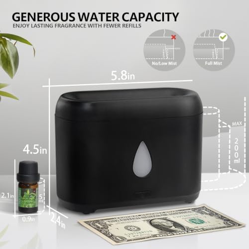 Flame Diffuser for Essential Oils, 200ml Ultrasonic Aroma Diffusers with Cool Mist, Aromatherapy Diffuser with Auto-Off Protection (Black(7 Colors), Peppermint+Lavender+Tea Tree+Lemon)