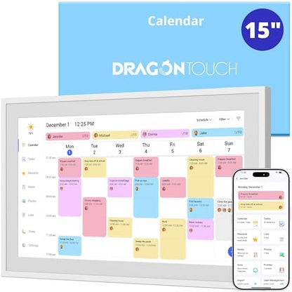 Dragon Touch 15.6" digital calendar chore chart – 1080P full HD interactive touchscreen, smart family planner, Hearth Display wall & desk mountable for seamless scheduling