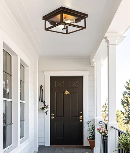 Motion Sensor Outdoor Ceiling Light with Remote, 12.2 Inch Oil Rubbed Bronze Flush Mount Porch Light Fixture with United Glass Cover, 5 Modes Outside Flush Mount Light for Porch, Garage, Patio