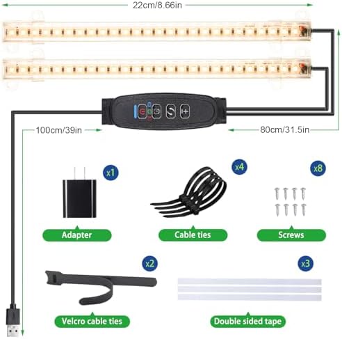 8.6'' Mini LED Grow Light Strips, Full Spectrum 3000K, 52 LED Plant Light with 3/9/12H Timer, 10 Dimmable Levels for Seedling, Succulent and Plant Shelf, 2 Head
