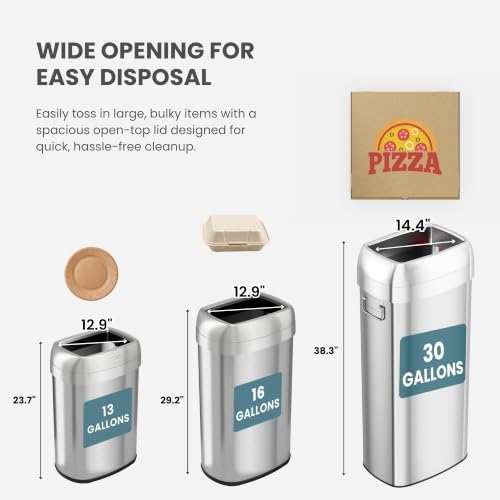 iTouchless 30 Gallon 114L Oval Open Top Stainless Steel Extra-Large Commercial Trash Can with Wheels, 2 AbsorbX Odor Filters | ADA Compliant Bin for Restaurant Restroom Hotel Office Healthcare Retail