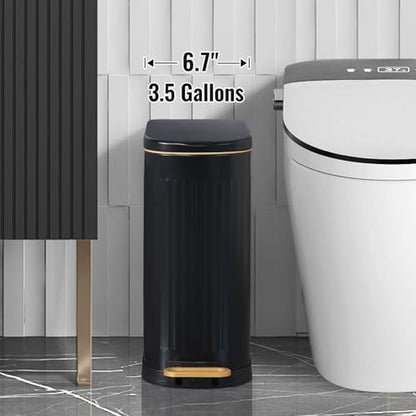 SYNCVIBE Slim Bathroom Trash Can with Lid Stainless Steel Garbage Can Soft Close Step Trash Bin with Removable Inner Bucket for Bedroom, Office, Kitchen (Matt Black, 3.5 Gallons)