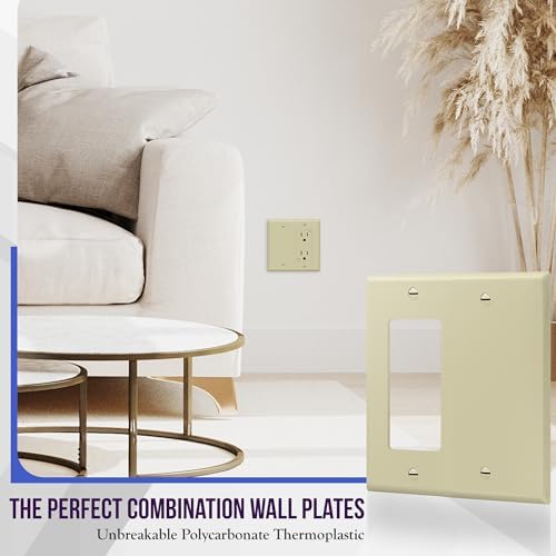 ENERLITES Combination Decorator Rocker/Blank Outlet Wall Plate, Standard Size, 2-Gang 4.50 inch x 4.57 inch Light Switch Cover, Polycarbonate Thermoplastic, UL Listed, 880131-I, Ivory