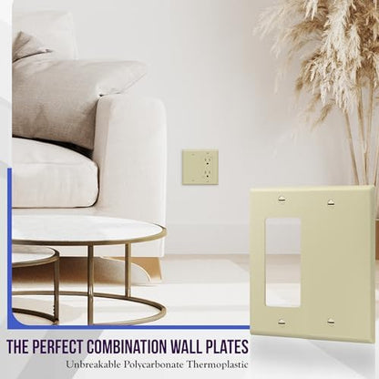 ENERLITES Combination Decorator Rocker/Blank Outlet Wall Plate, Standard Size, 2-Gang 4.50 inch x 4.57 inch Light Switch Cover, Polycarbonate Thermoplastic, UL Listed, 880131-I, Ivory
