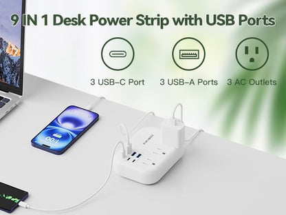 6 USB Power Strip- Travel Power Strip with 3 Outlets and 6 USB(3 USB C) 24W/4.8A Charging Ports for iPhone 15, 3 FT Small Extension Cord, Slim Flat Plug for Cruise Ship Essential, Office Dorm, White.