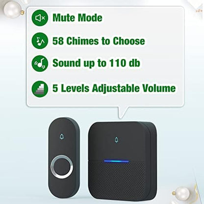 AIDA Lighted Wireless Doorbell for Home, Waterproof Battery Doorbell Wireless 1,000ft Range, 5 Volume Levels with 58 Chimes & LED Flash on Receiver (Black, 1 transmitter & 2 Receiver)
