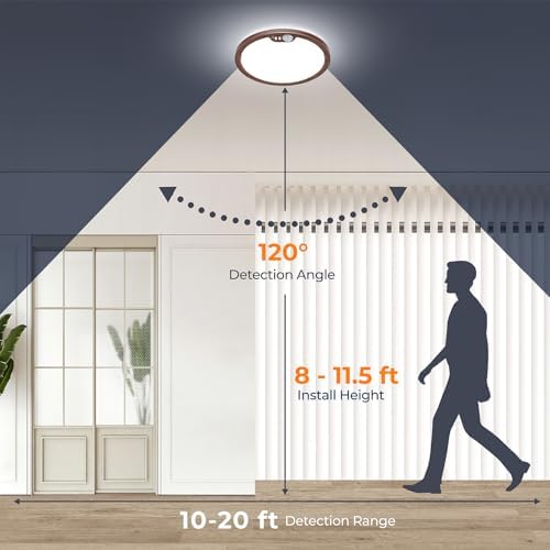 BLNAN Motion Sensor Ceiling Light Wired, 8.7 Inch 3000K 4000K 5000K Selectable LED Flush Mount Light Fixture, Motion Activated Light with Timer for Hallway Stair Walk-in Closet, Non-Dimmable - Walnut