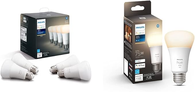 Philips Hue White A19 LED Smart Bulbs (4 Pack) White A19 Medium Lumen Smart Bulb