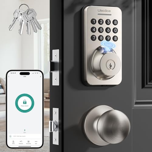 Ulecoce Fingerprint Keypad Deadbolt with Handle Set, Keyless Entry Door Lock, Door Locks for Front Door Lock Set, App Control, Auto Locking, Easy to Install, Satin Nickel