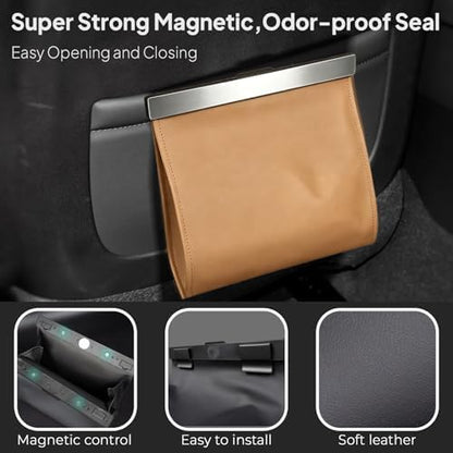 Leather Car Trash Can with Smart LED Light & Magnetic Closure, Leakproof