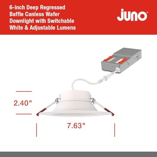 Juno 6" Canless Wafer LED Light, 5-in-1 CCT, Deep Regressed Baffle Trim 6Pk