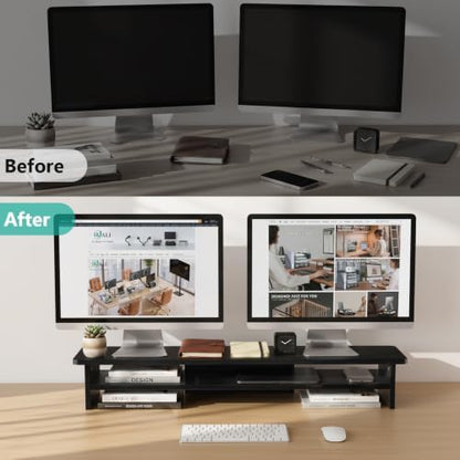 WALI 42 inch Large Wood Dual Monitor Stand Riser with Storage, up to 88lbs