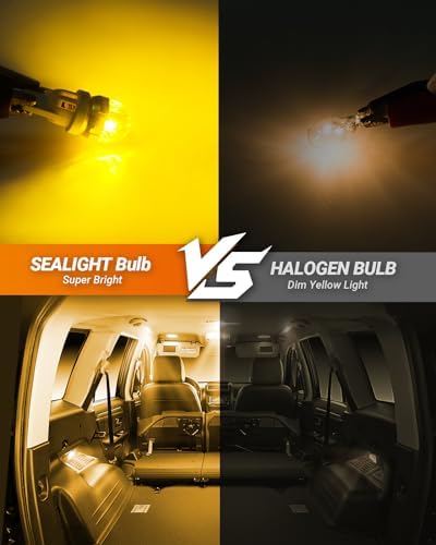 SEALIGHT 194 LED Light Bulb Amber Yellow 168 T10 W5W 2825 Super Bright 360° LED Replacement Bulbs 3020SMD for License Plate Light, Dome Light, Map Light, Courtesy Light, Side Marker Lights, Pack of 6