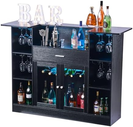 VEVOR Home Bar Unit, Wine Bar Cabinet Table 4-Tier with Storage Drawer Shelves, Wine Glass Holder, Bottle Rack, LED Light, Wood & Metal Liquor Cabinet for Home, Basement, Kitchen, Living Room, Black