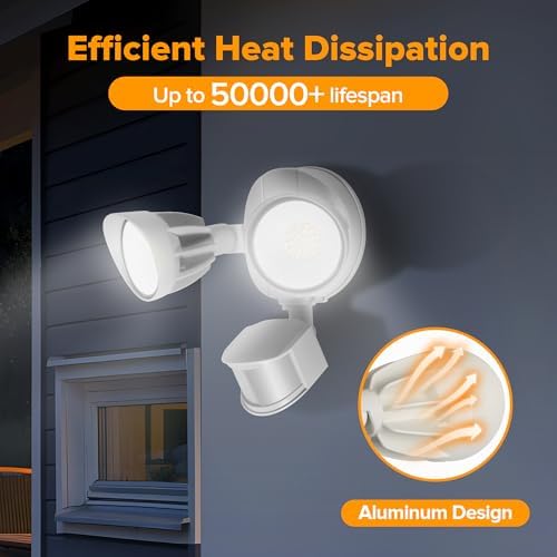 UME 2 Pack LED Security Light Motion Sensor Outdoor Lights, 27W 3500LM, 5000K, IP65 Waterproof, Dusk to Dawn, 2 Head Motion Detector Flood Light for Outside, Garage, Yard (White)