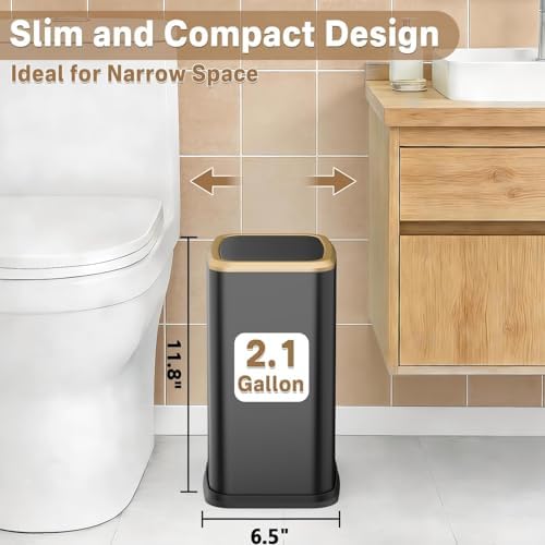 2.1 Gallon Slim Bathroom Trash Can with Swing Lid, 8L Stainless Steel Bathroom Garbage Can with Removable Inner Bucket for Narrow Spaces, Toilet Side, Bathroom, Bedroom