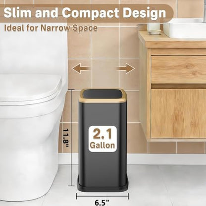 2.1 Gallon Slim Bathroom Trash Can with Swing Lid, 8L Stainless Steel Bathroom Garbage Can with Removable Inner Bucket for Narrow Spaces, Toilet Side, Bathroom, Bedroom