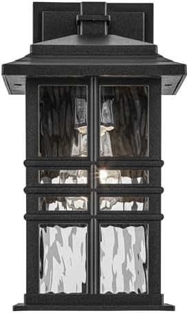 Kichler Beacon Square 12" 1-Light Outdoor Wall Light with Clear Hammered Glass in Textured Black, for Exterior Doors, Garage, Porch, or Patio (12" x 6.5"), 49829BKT