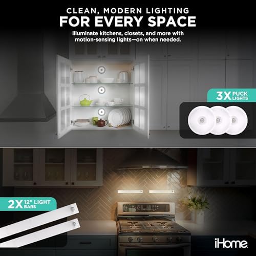iHome Rechargeable Auto Sensing Light Bars, Motion Sensor, Dimmable, Auto/Always-On Modes, Easy Installation (5-Pack (2 Light Bars & 3 Puck))