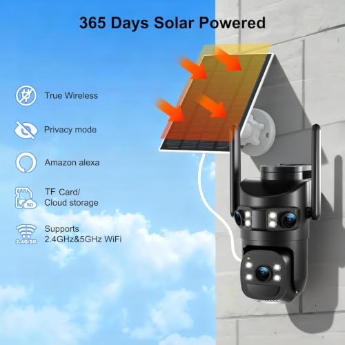 8MP 6K Triple Lens Solar Security Camera Outdoor, 5GHz/2.4GHz WiFi Wireless PTZ Camera, Color Night Vision, Auto Human Tracking, Two-Way Audio,IP66 Weatherproof Home Surveillance Cam