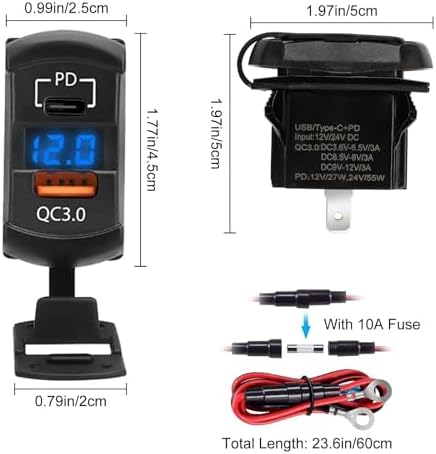 Linkstyle Car Rocker Switch Outlet, 36W QC3.0 USB-A Port & 55W PD Port Charger Socket with LED Voltmeter for 12V/24V RV Boat Motorcycle