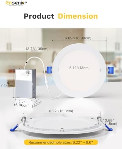 Ensenior 1 Pack 6 Inch LED Recessed Light, Dimmable, 5000K Daylight, 1050LM High Brightness, 12W 120V, Damp Rated, Ultra-Thin Canless Wafer Ceiling Light - ETL & FCC & IC