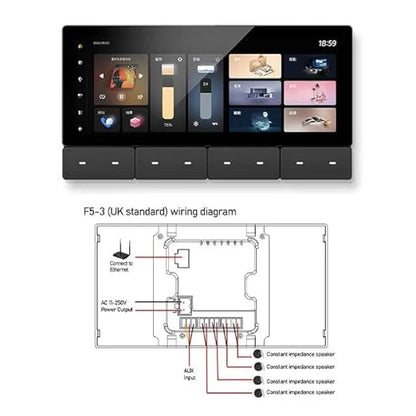 Smart Home Lighting Control Panel, Touch Screen Interface, Multi-Room Scene Control, Dimmable LED Settings, Digital Display 6.2 Inch Smart Control (Bundle: F5-3 UK 4 SPK White)