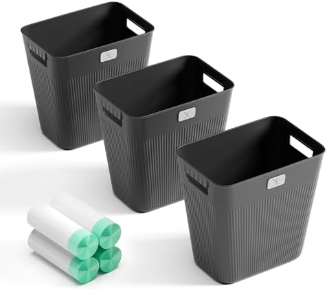 JOYMOOP Slim Trash Can 3-Pack, 2.2 Gallon Plastic Wastebasket for Bathroom, Bedroom, Office, Kitchen with 4 Rolls Bags, Black
