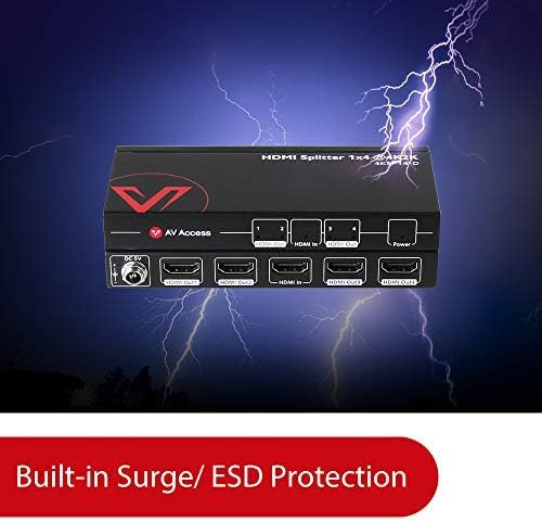 4K HDMI Splitter 1 in 4 Out 1080p 3D, PCM7.1, Dolby TrueHD, DTS-HD Master Audio, Auto EDID, Threaded Power Supply, with Built-in ESD Protection (One Input Four Output) AV Access HDMI Distributor 1x4